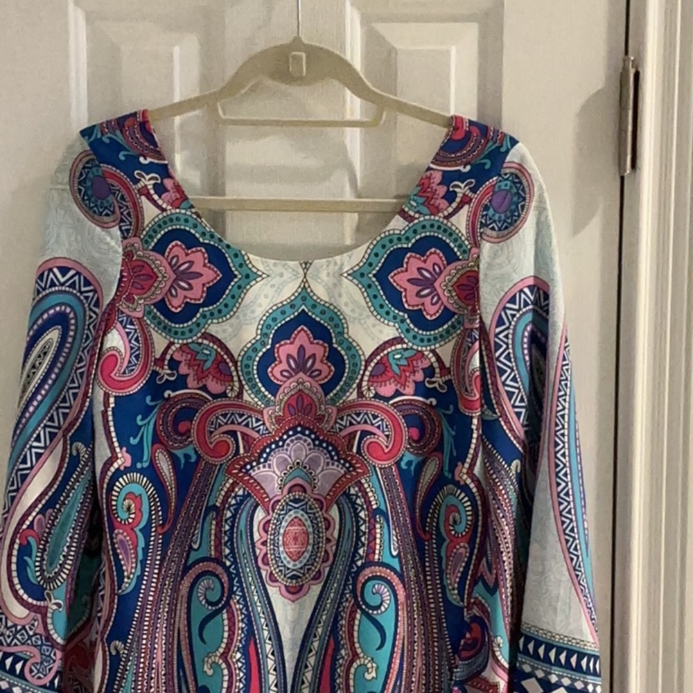 NWOT Pink Owl Apparel Paisley Multicolor Dress w/ Unique Shaped Bell Sleeves - Picture 3 of 15